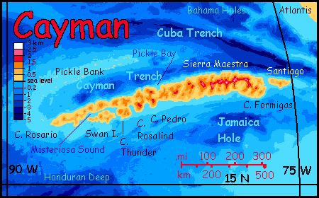 Map of Cayman, a rugged island west of Atlantis on Abyssia, an alternate Earth where up is down and down is up.