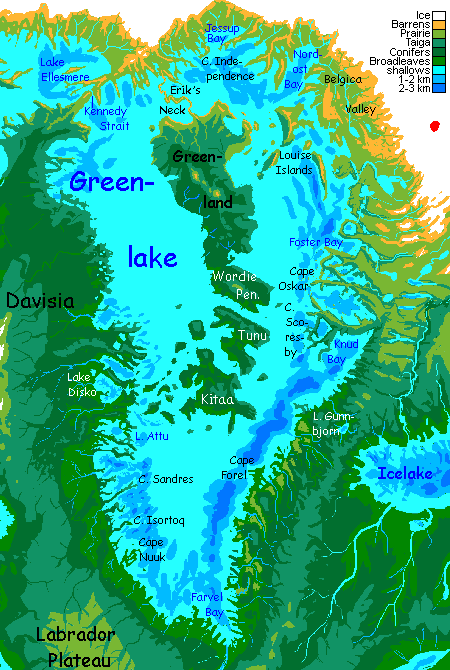 Map of the Greenland Archipelago in Greenlake, and the northwest shore of Atlantis on Inversia, where up is down is up.