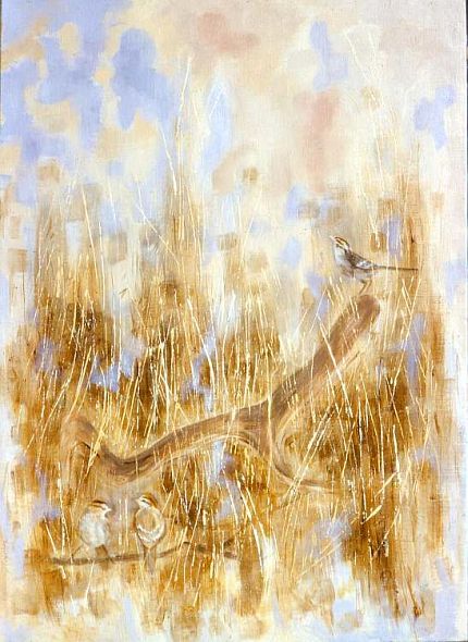 Painting by Marcia Pagels of three songbirds in tall brush; acrylic, before 1968.
