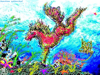 Red horse dances on a coral reef. Words: Kick Authority.' Click to enlarge.