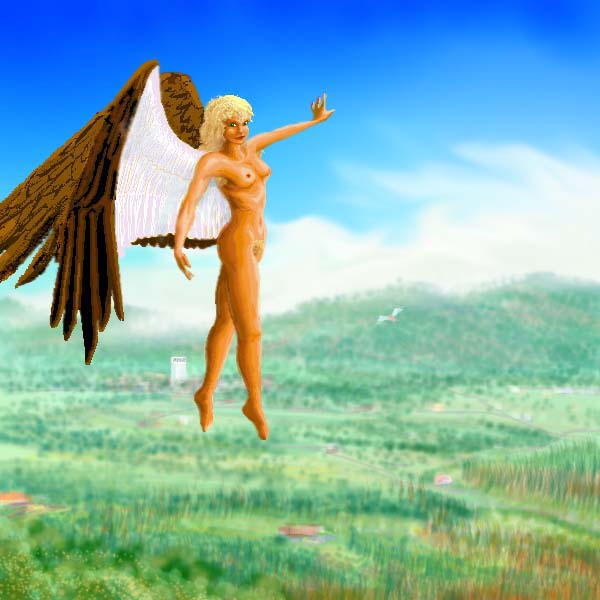A 'daybird': a brown-winged woman flying over the gentle green hills of Eastern Ishtar, on Venus after terraforming.