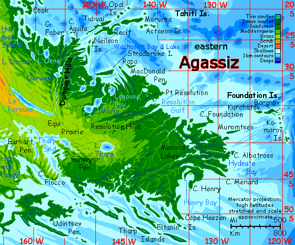 Map of eastern Agassiz, on Abyssia, an alternate Earth whose relief has been inverted: heights are depths and vice versa.