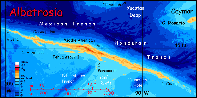 Map of Albatrosia, a long slender island equivalent to our Middle American Trench, on Abyssia, an alternate Earth where up is down and down is up.