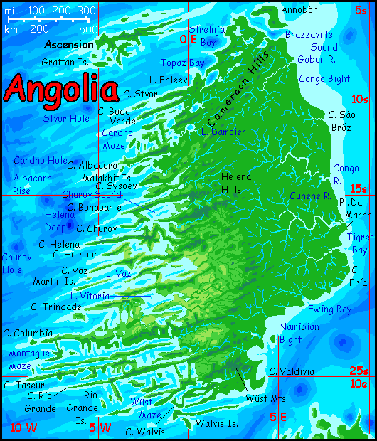 Map of the rainforested minicontinent of Angolia, the equivalent of Earth's Angola Abyssal Plain, on Abyssia, an Earth where up is down and down is up.