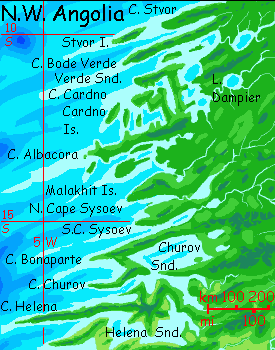 Map of the fractal northwest coast of Angolia, the equivalent of Earth's Angola Abyssal Plain, on Abyssia, an Earth where up is down and down is up.