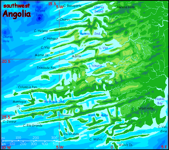 Map of the fractal southwest coast of Angolia, the equivalent of Earth's Angola Abyssal Plain, on Abyssia, an Earth where up is down and down is up.