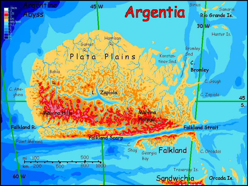An altitude map of Argentia, a small temperate continent in the equivalent of our South Atlantic, on Abyssia, an alternate Earth in which up is down and down is up.