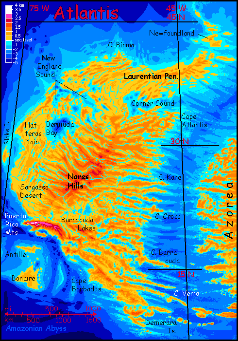 Altitude map of Atlantis, a continent with fractal coasts on Abyssia, an Earth where up is down and down is up. Plains are gold, hills orange, mountains red, water blue.