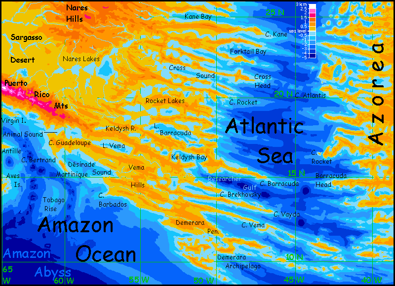 Altitude map by Chris Wayan of southeast Atlantis, a small continent with fractal coasts on Abyssia, an Earth where up is down and down is up. Plains are gold, hills orange, mountains red, water blue.