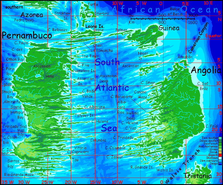 Map of the central Atlantis Rise, equivalent of Earth's South Atlantic Ocean on Abyssia, an Earth where up is down and down is up. Two small, low, tropical, rainforested continents with fractal coasts: Pernambuco and Angolia.