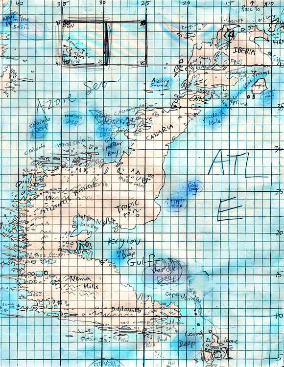 Hand-drawn sketch map of Atlantis, a sinuous continent with long fjords, on Abyssia, an Earth where up is down and down is up.