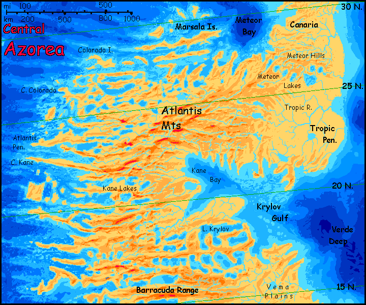 Altitude map by Chris Wayan of northern Azorea, a small continent shaped like an inverted question mark, on Abyssia, an Earth where up is down and down is up.