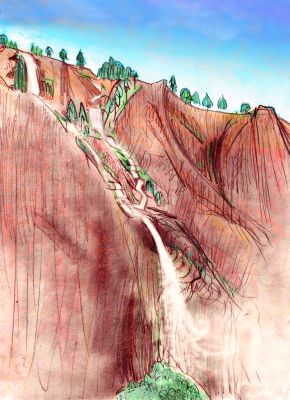 Sketch of a waterfall several hundred meters high, over a red cliff with scattered pines. The dry western side of the Atlantis Range on Azorea, a small continent on Abyssia, an Earth where up is down and down is up. Click to enlarge
