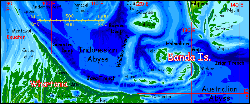 Location map of the Banda Archipelago on Abyssia, an alternate Earth whose relief has been inverted: heights are depths and vice versa. The Bandas correspond to the trenches and deeps of eastern Indonesia.