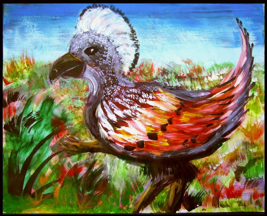 A diatryma, an intelligent flightless bird native to Azorea on Abyssia, an alternate Earth where up is down and down is up. Paintsketch by Wayan.