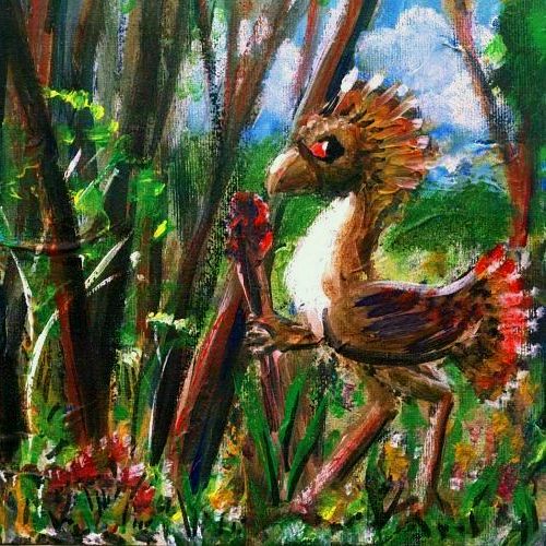 A paint sketch by Wayan of a large intelligent flightless bird holding a staff, in the forests of Morningtonia, a small continent in the equivalent of our South Pacific, on Abyssia, an alternate Earth in which up is down and down is up. Click to enlarge.