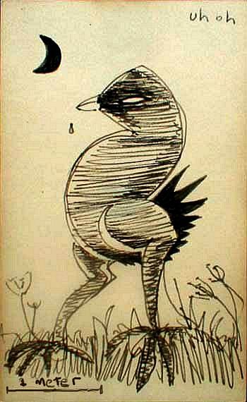 Big predatory flightless bird, the Uh-Oh Bird, on Sandwichia, a chilly southern isle on Abyssia.