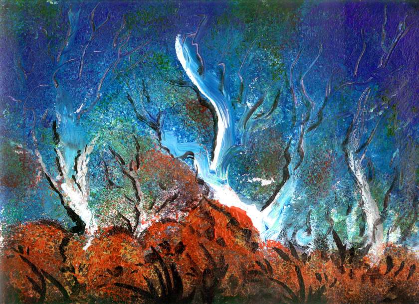 Paint-sketch of bluish trees with rusty brush beneath; northern Morningtonia, a small cool-temperate continent in the equivalent of our South Pacific, on Abyssia, an alternate Earth in which up is down and down is up. Click to enlarge.