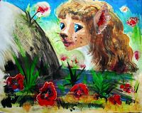Painting by Chris Wayan of a cattaur's face with roses on Abyssia, an Earth where tall is deep and deep tall. Click to enlarge.