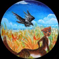 Round painting by Chris Wayan of a leptaur and a raven on Abyssia, an Earth where tall is deep and deep tall. Click to enlarge.