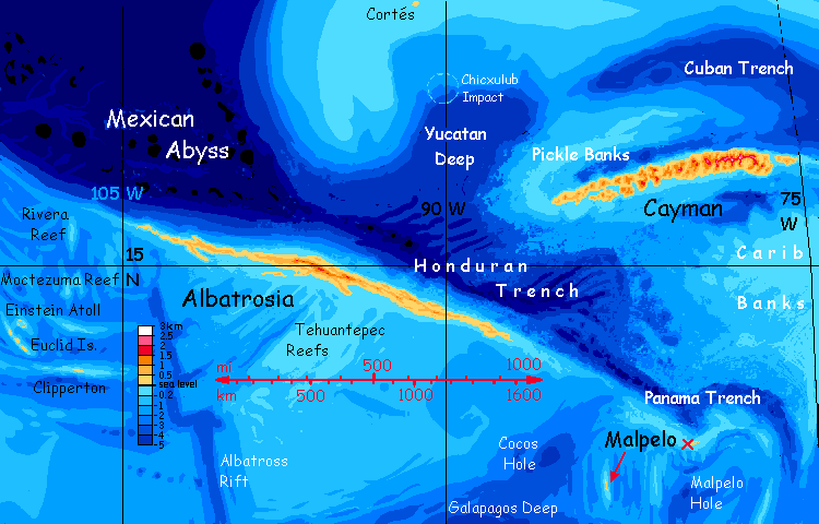 Map of Cayman and Albatrosia, rugged islands west of Atlantis, on Abyssia, an alternate Earth where up is down and down is up.