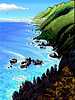 Thumbnail of steep coast of Cayman. Sketch by Chris Wayan based on a print by Tom Killion. Click to enlarge.