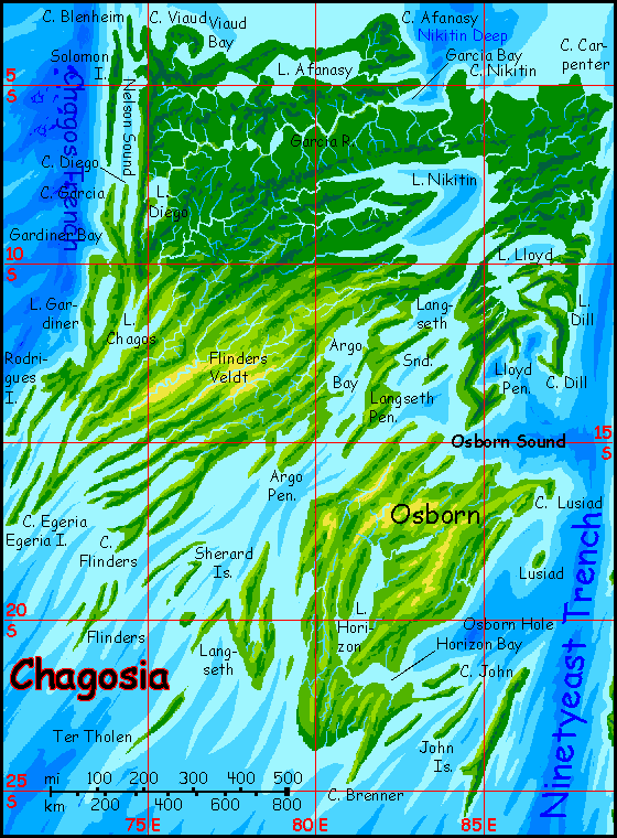 Map of Chagosia, equivalent of Earth's central Indian Ocean, on Abyssia, an Earth where up is down and down is up. A low, tropical, forested continent with a fractal coast and long twisting lakes.