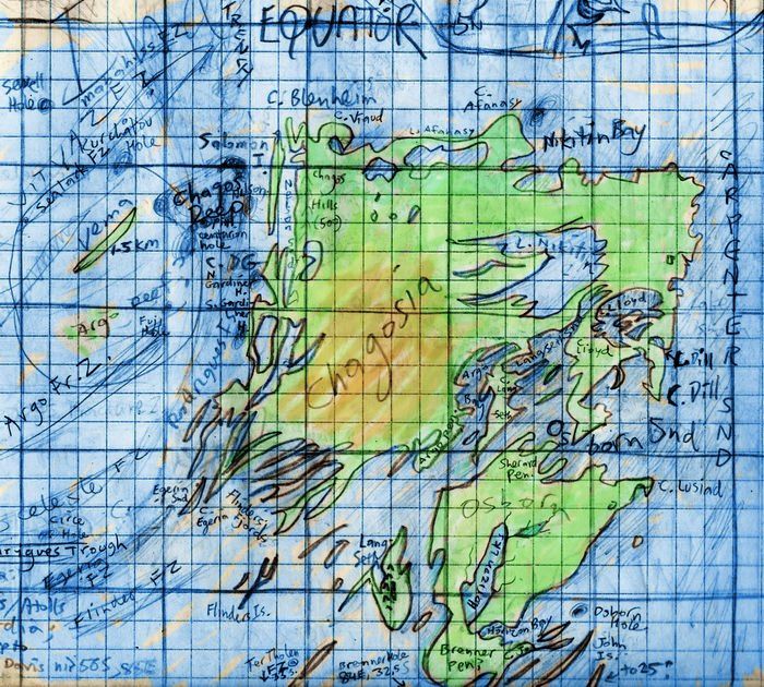 Sketchmap of Chagosia, equivalent of Earth's eastern Indian Ocean off Australia, on Abyssia, an Earth where up is down and down is up. Low tropical, forested lands with fractal coasts and long twisting lakes; a peninsula called the Bight extends far southeast.