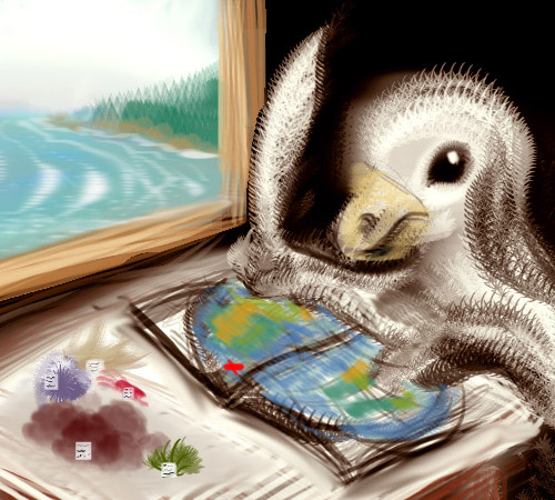 Digital sketch of an avian Darwin trying to write up the findings of an expedition to the arctic Lena Islands (with a pen made of her own quill) on Abyssia, an alternate Earth in which up is down and down is up.