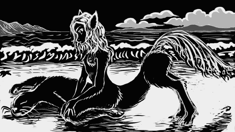 Faux woodcut by Wayan, after Tom Killion's print 'Dead Seal: foxtaur and seal on a beach in SW Pacifica on Abyssia, an alternate Earth whose relief has been inverted. Click to enlarge.