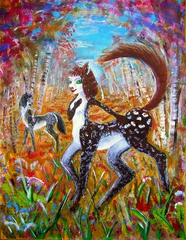 Equi couple under aspens; Scotia Is. on Abyssia, an alternate Earth; acrylic sketch by Chris Wayan. Click to enlarge