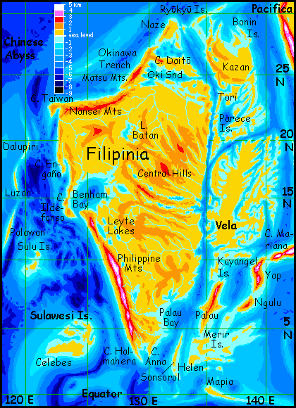 Map of Filipinia, on Abyssia, an alternate Earth whose relief has been inverted: heights are depths and vice versa.
