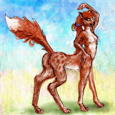 A green-eyed red foxtaur carrying saddlebags; native of Abyssia, an alternate Earth where up is down and down is up. Sketch by Wayan; click to enlarge.