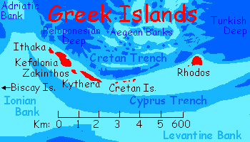 Map of the Greek Islands on Abyssia, an alternate Earth whose relief has been inverted: heights are depths and vice versa.