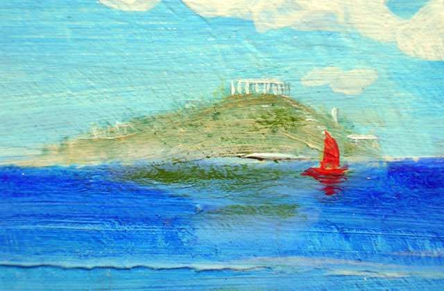 Sketch by Chris Wayan of a red-sailed boat passing a rocky islet with a Greek temple.