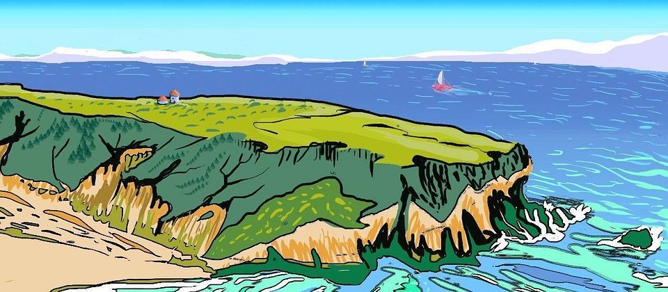 A rocky Mediterranean point; low isles on horizon. Sketch by Chris Wayan of Greek Isles on Abyssia, after detail of a Tom Killion woodblock print, 