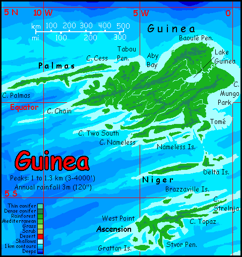 Altitude map by Chris Wayan of Guinea and surrounding islands, an equatorial archipelago corresponding to our Guinea Abyssal Plain, on Abyssia, an Earth where up is down and down is up.