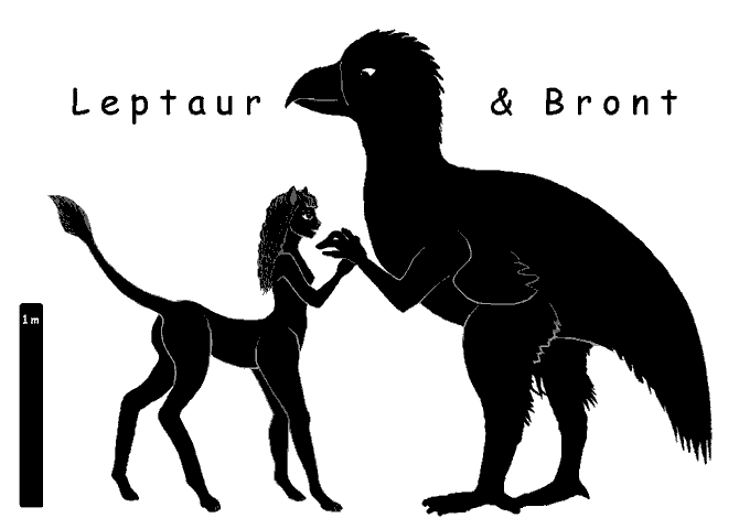A leptaur (a feline centauroid) & a bront (a giant bird with hands) by a meter stick for scale. Silhouettes by Wayan. Click to enlarge.