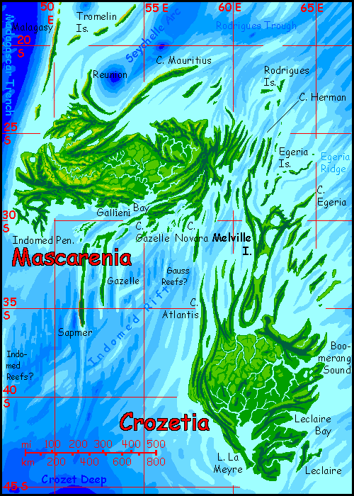 Map of Mascarenia and Crozetia, equivalent of Earth's Indian Ocean south of Madagascar, on Abyssia, an Earth where up is down and down is up. Two low, subtropical, mostly forested islands with fractal coasts (long capes and sounds).