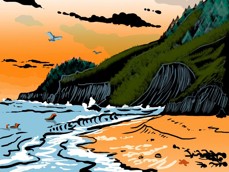 Beach at sunset; sea-cliffs rise to a wooded ridge. Melville Archipelago between Mascarenia and Crozetia, on Abyssia, an alternate Earth whose relief has been inverted. Faux print by Wayan after 'Usal Beach' by Tom Killion. Click to enlarge.