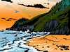 Thumbnail of Mascarenian beach at sunset, on Abyssia. Sketch by Chris Wayan based on a print by Tom Killion. Click to enlarge.
