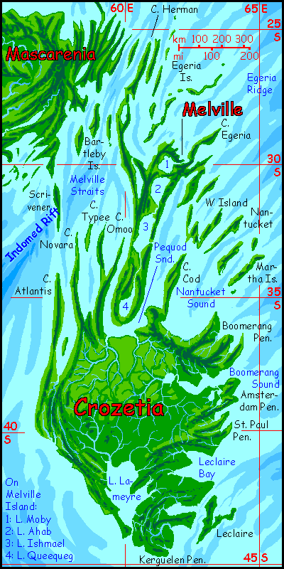 Map of Crozetia and the Melville Islands, equivalent of Earth's Indian Ocean southeast of Madagascar, on Abyssia, an Earth where up is down and down is up. Crozetia's a wide, low, subtropical, mostly forested island with a fractal coast (long capes and sounds).