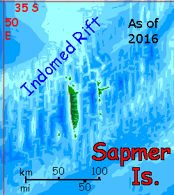 2016 map of the Sapmer Islands, equivalent of Earth's Indomed Rift south of Madagascar, on Abyssia, an Earth where up is down and down is up.