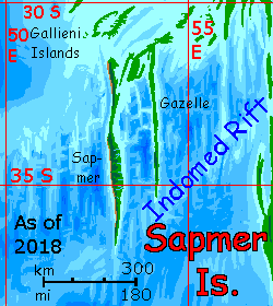 2018 map of the Sapmer Islands, equivalent of Earth's Indomed Rift south of Madagascar, on Abyssia, an Earth where up is down and down is up.