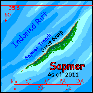 2011 map of Sapmer Island, equivalent of Earth's Indomed Rift south of Madagascar, on Abyssia, an Earth where up is down and down is up. A single long cliffy island breaks the surface, amid many undersea ridges and trenches.