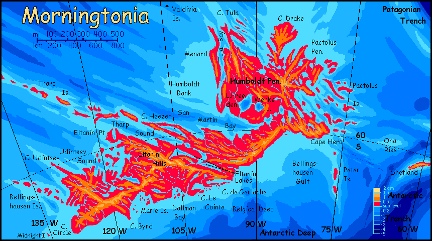 An altitude map of Morningtonia, a small cool-temperate continent in the equivalent of our South Pacific, on Abyssia, an alternate Earth in which up is down and down is up.