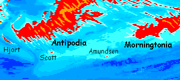 A small location map of Amundsen Island southwest of Morningtonia, a small continent in the equivalent of our South Pacific, on Abyssia, an alternate Earth in which up is down and down is up.