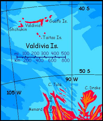 A small location map of the warm-temperate Valdivia Islands north of Morningtonia, a small continent in the equivalent of our South Pacific, on Abyssia, an alternate Earth in which up is down and down is up.