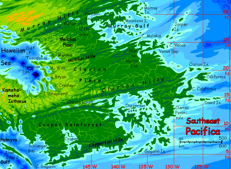Map of Cooper Rainforest and the Clarion and Molokai Plains of eastern Pacifica on Abyssia, an alternate Earth whose relief has been inverted: heights are depths and vice versa.