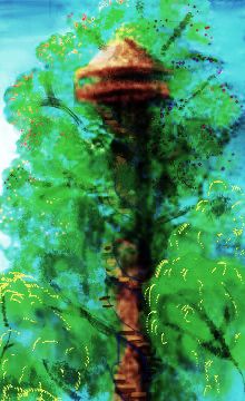 Spiral stair up outside of a tree trunk in Cooper Rainforest, SE Pacifica, on Abyssia. Sketch by Wayan.